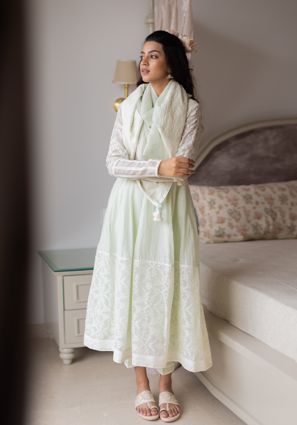 Dew Drops Green Mul Chanderi with Pants and Scarf/Duppatta