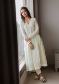 Dew Drops Green Mul Chanderi with Pants and Scarf/Duppatta