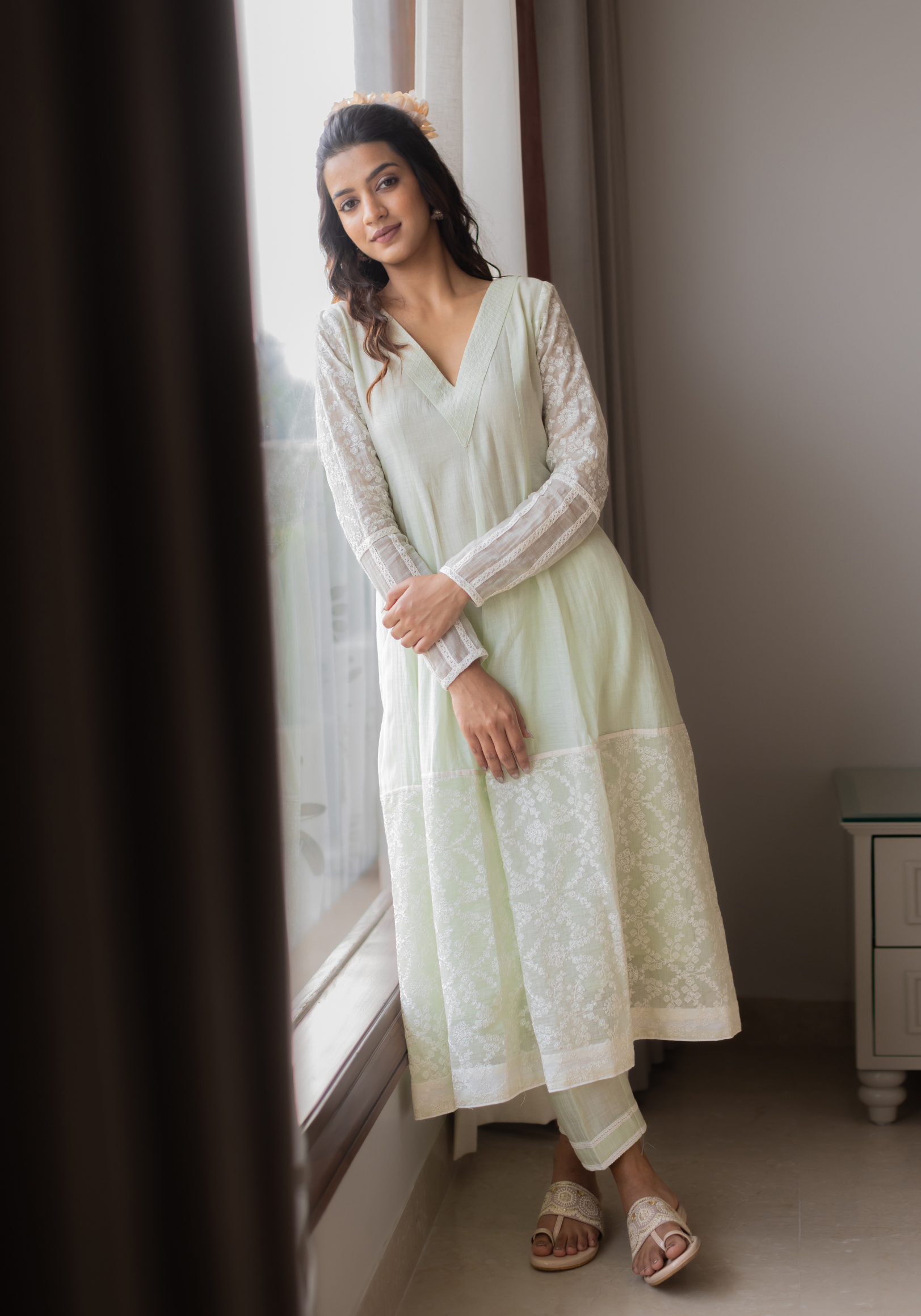 Dew Drops Green Mul Chanderi with Pants and Scarf/Duppatta