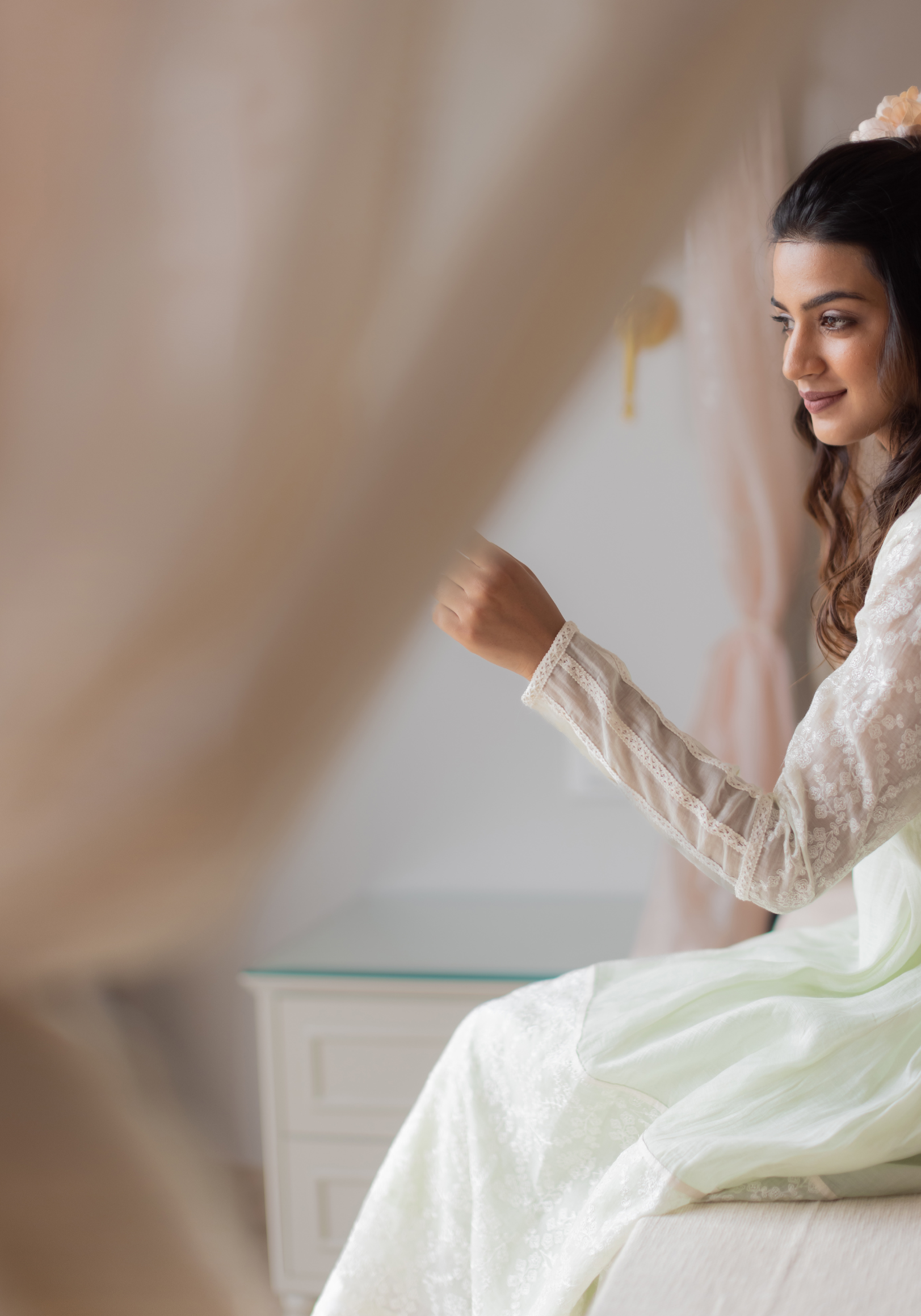Dew Drops Green Mul Chanderi with Pants and Scarf/Duppatta