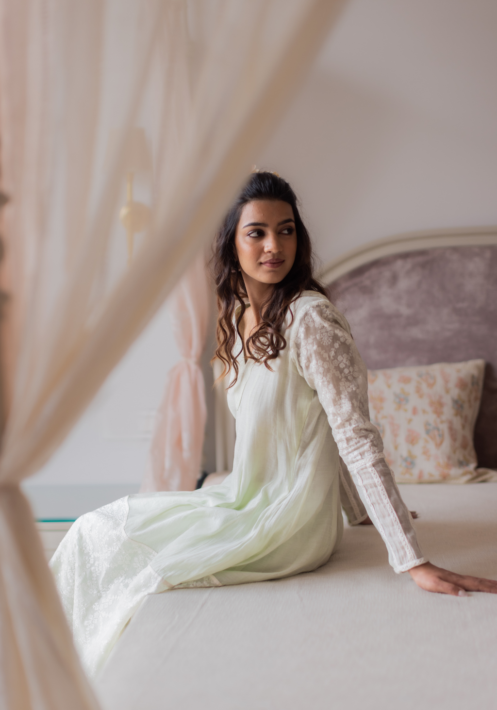 Dew Drops Green Mul Chanderi with Pants and Scarf/Duppatta