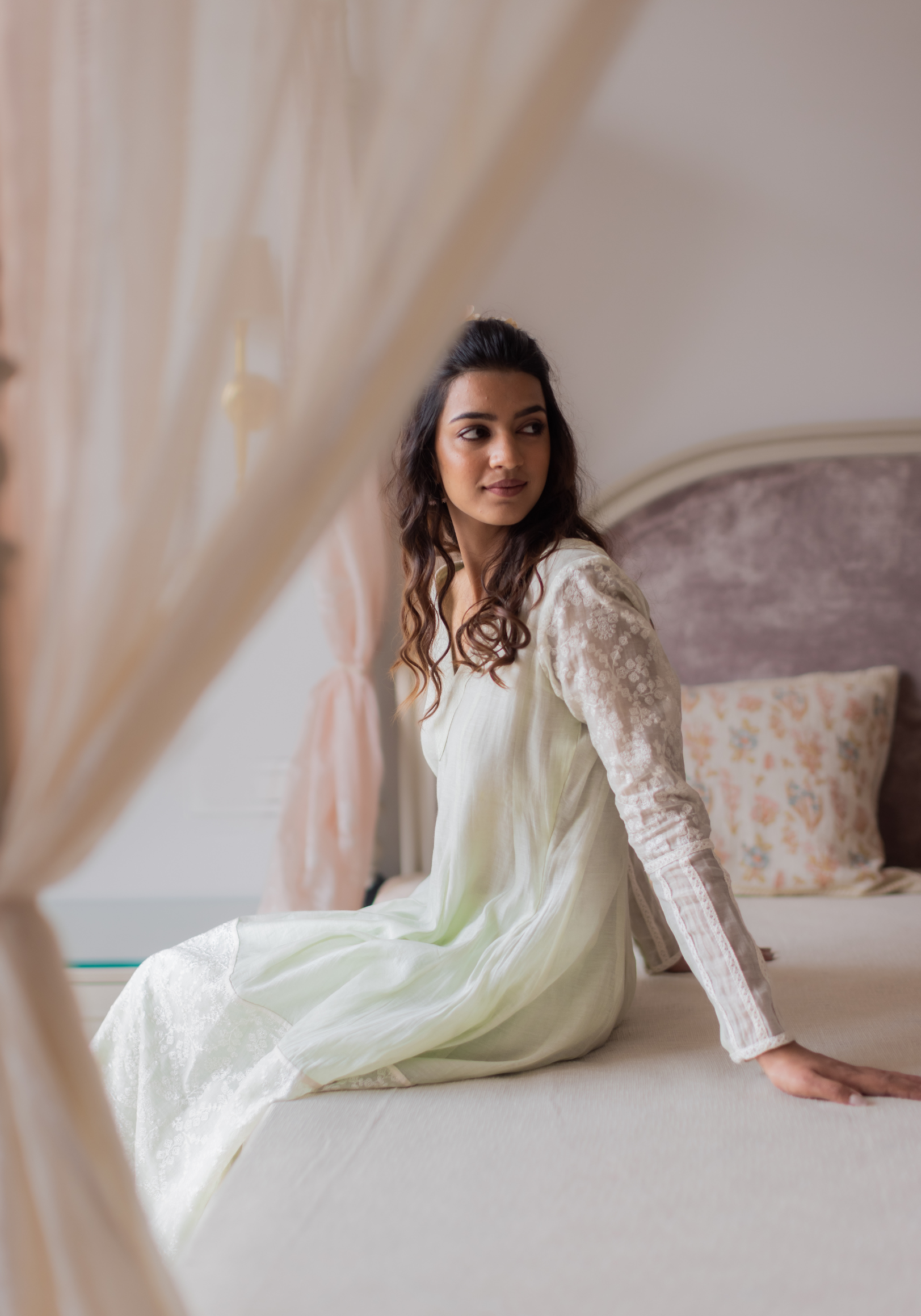 Dew Drops Green Mul Chanderi with Pants and Scarf/Duppatta