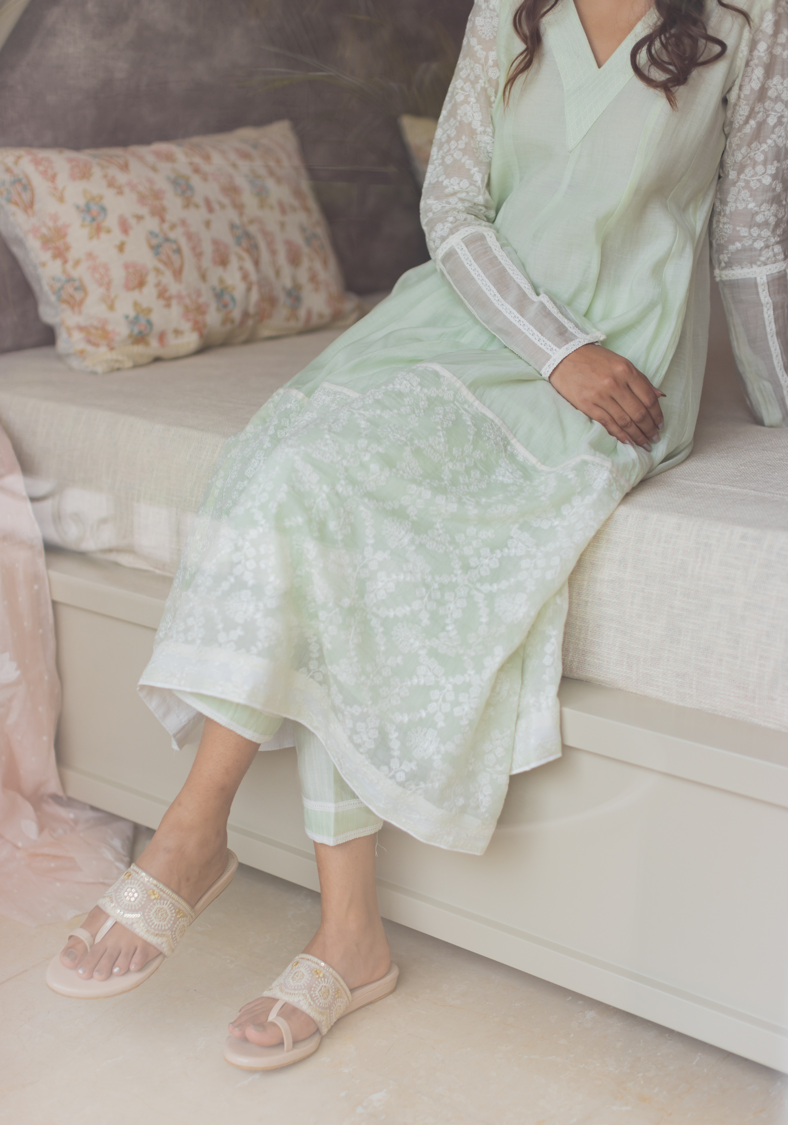 Dew Drops Green Mul Chanderi with Pants and Scarf/Duppatta