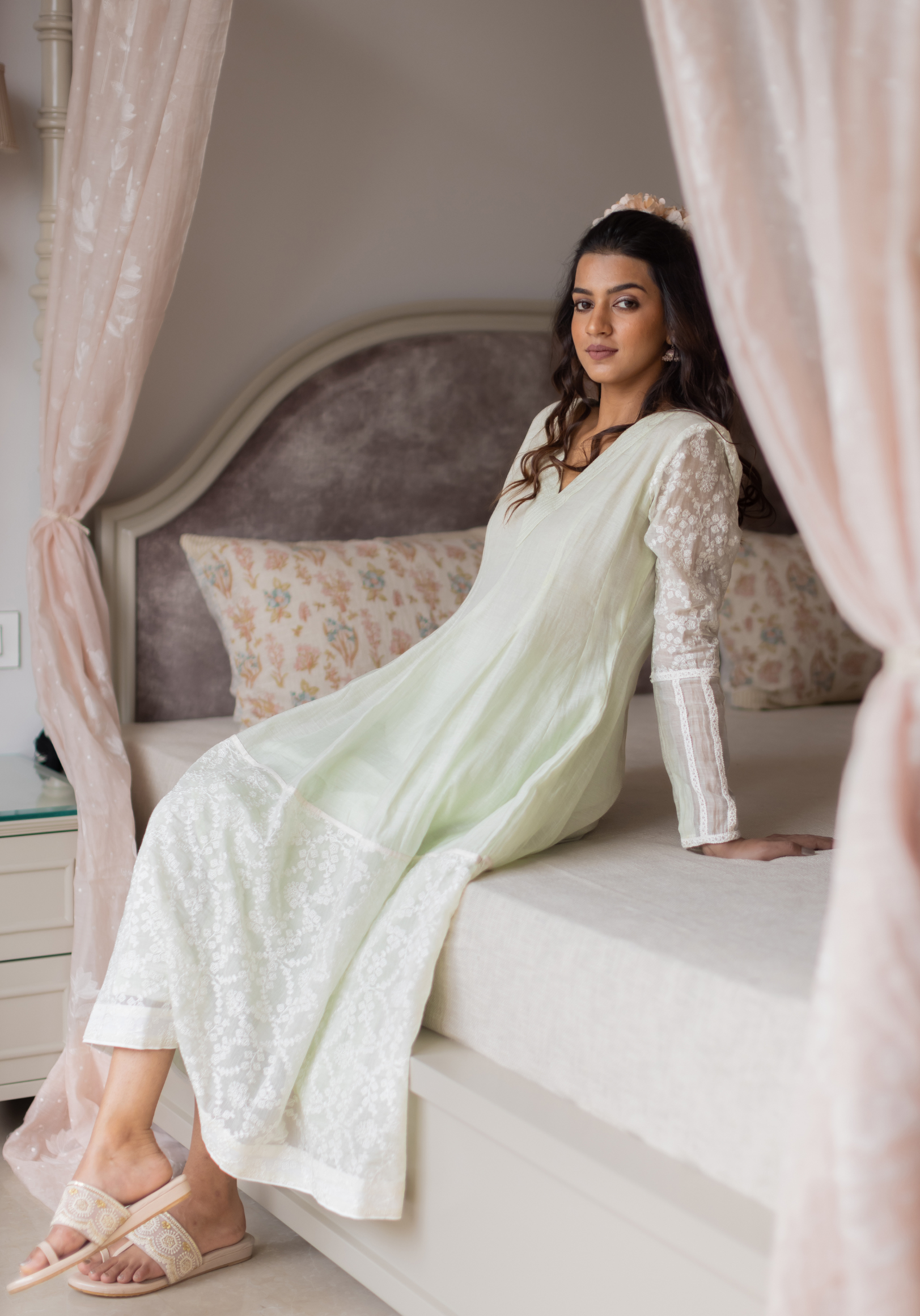 Dew Drops Green Mul Chanderi with Pants and Scarf/Duppatta