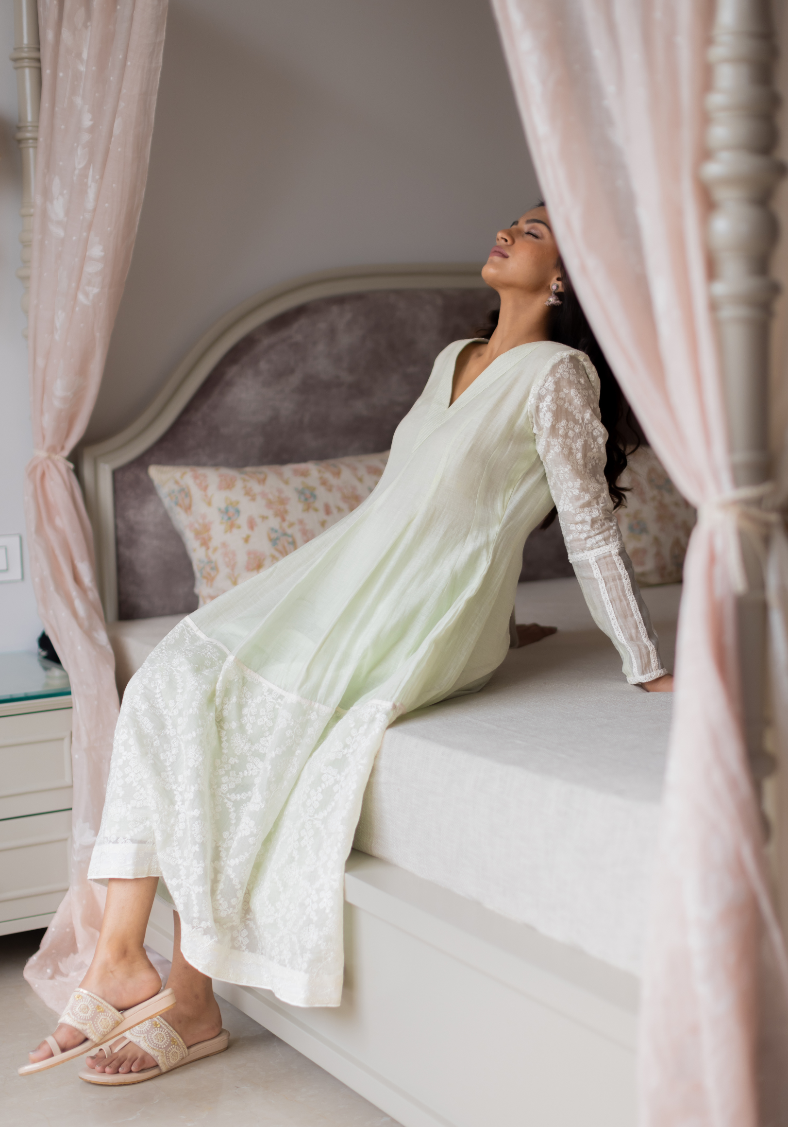 Dew Drops Green Mul Chanderi with Pants and Scarf/Duppatta