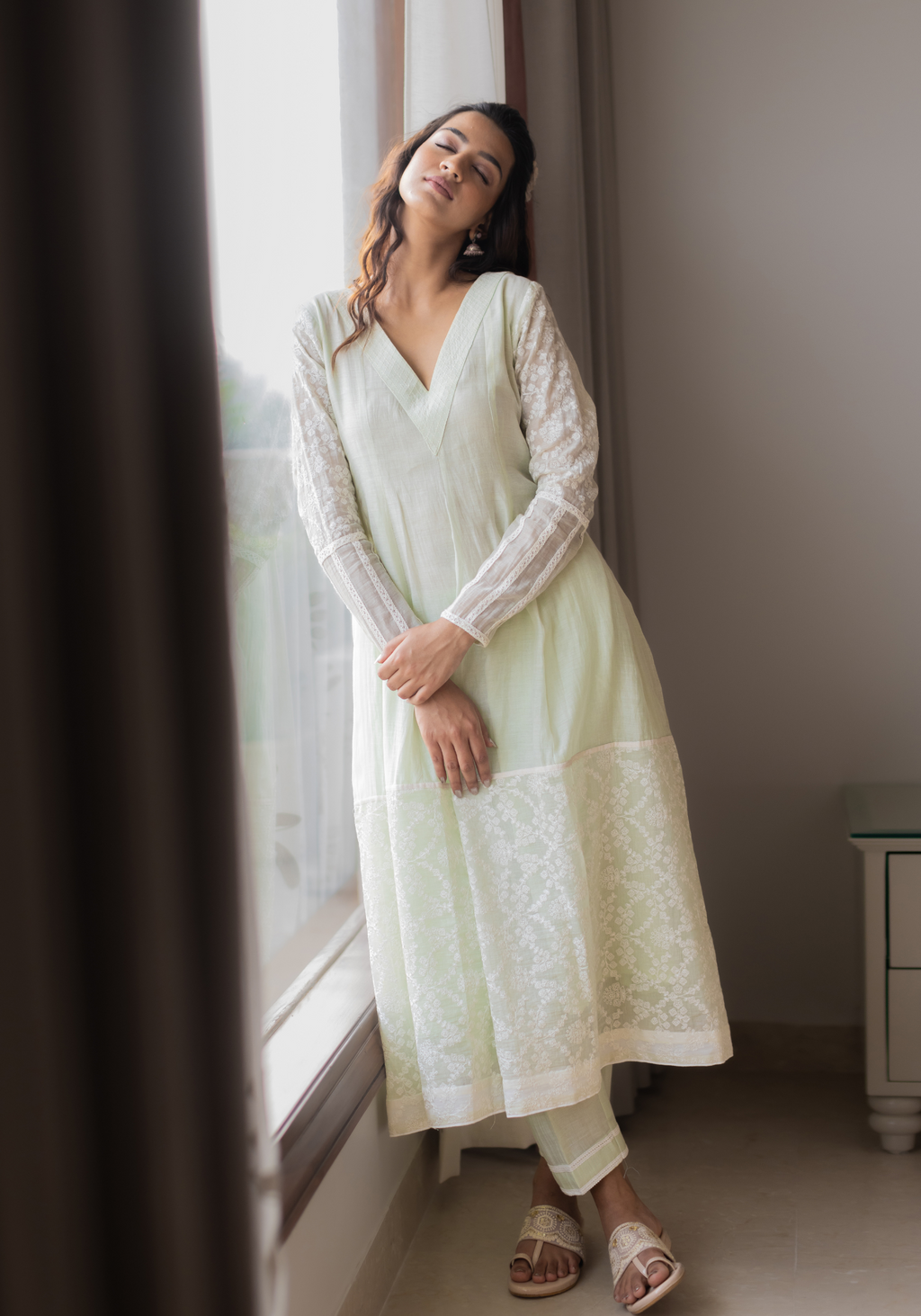Dew Drops Green Mul Chanderi with Pants and Scarf/Duppatta