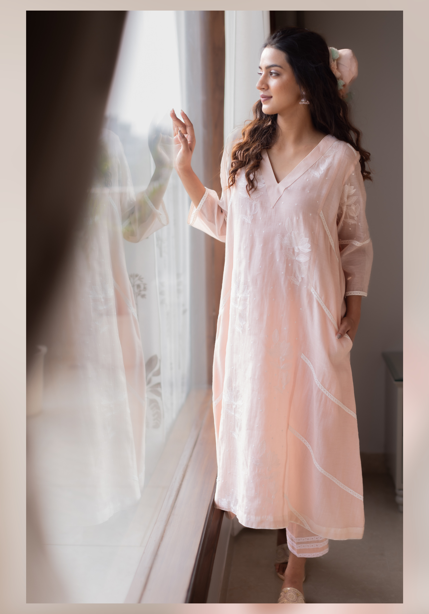 Blush Pink Mul Chanderi Kurta with Pants and Scarf/Dupatta