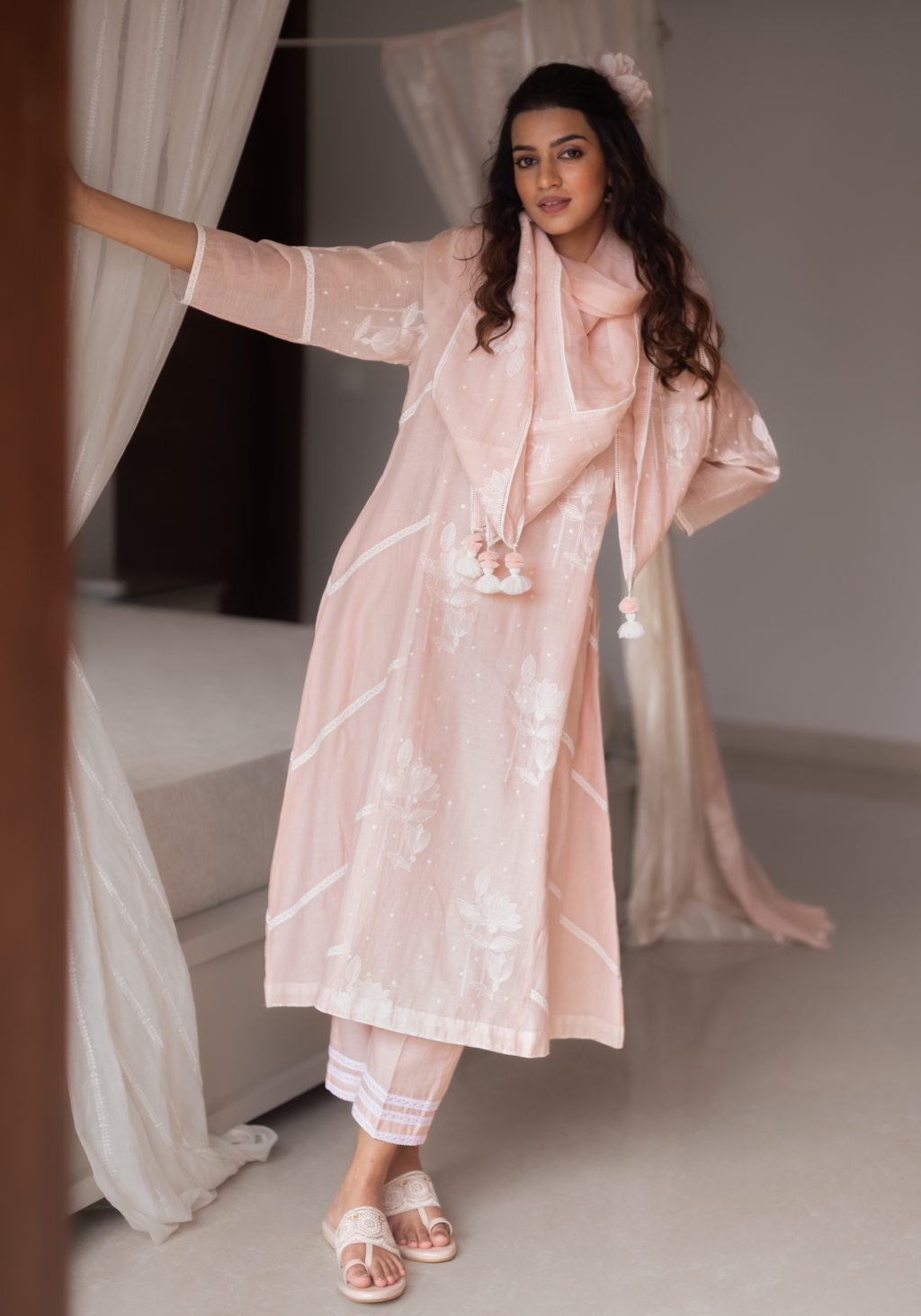 Blush Pink Mul Chanderi Kurta with Pants and Scarf/Dupatta