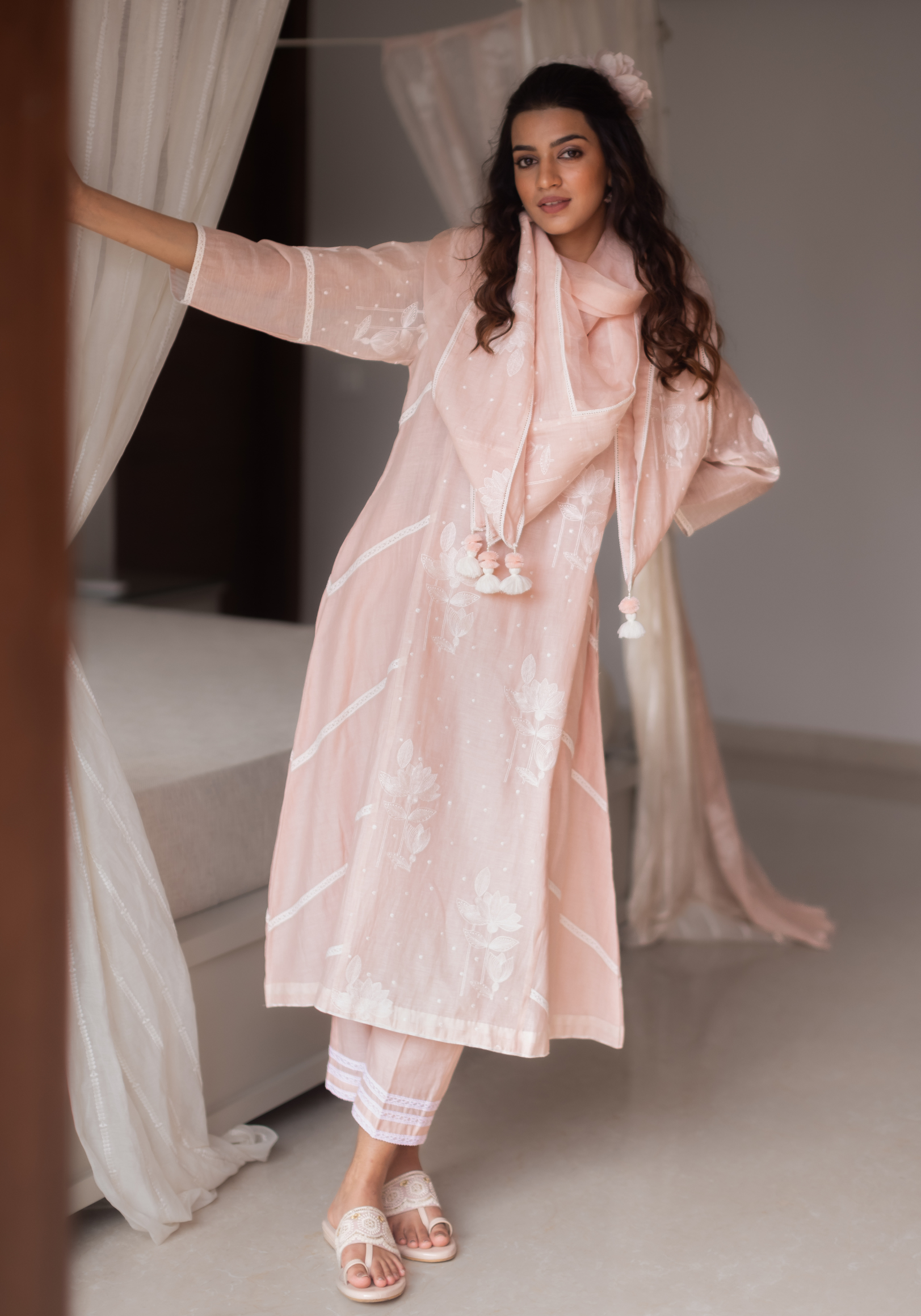 Blush Pink Mul Chanderi Kurta with Pants and Scarf/Dupatta