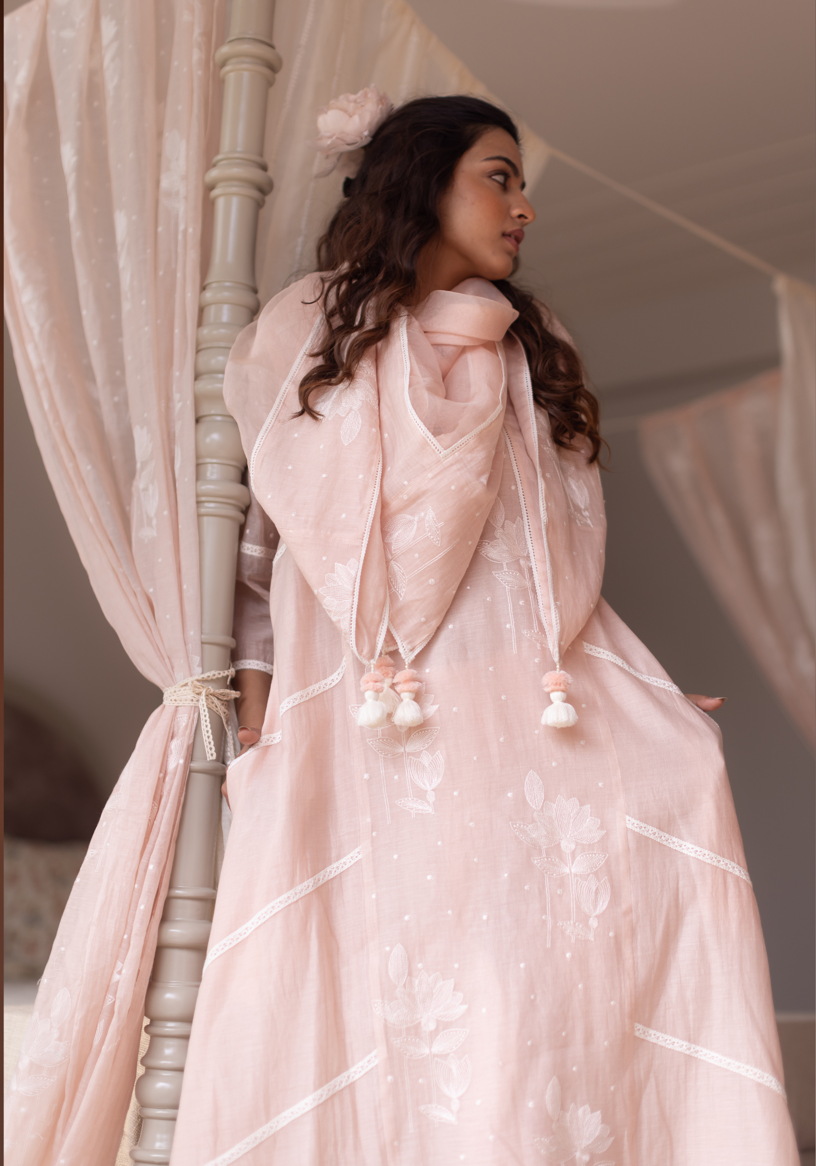 Blush Pink Mul Chanderi Kurta with Pants and Scarf/Dupatta