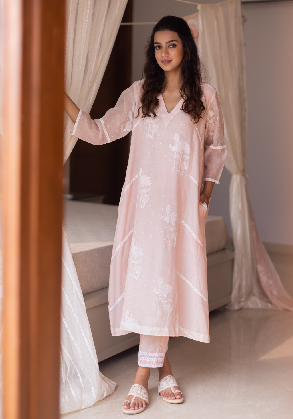 Blush Pink Mul Chanderi Kurta with Pants and Scarf/Dupatta