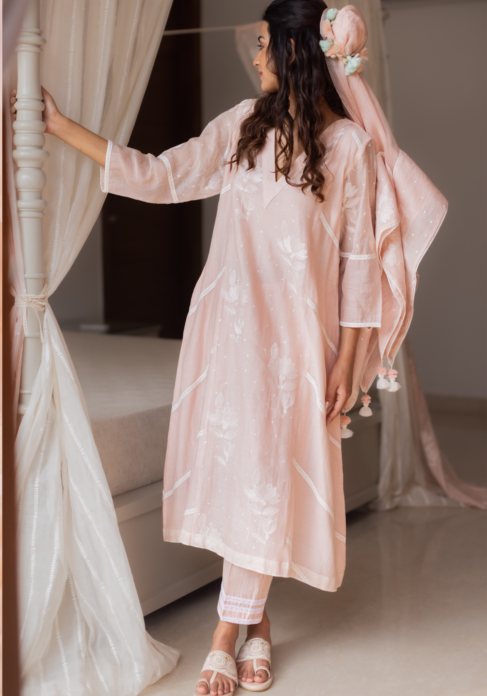 Blush Pink Mul Chanderi Kurta with Pants and Scarf/Dupatta