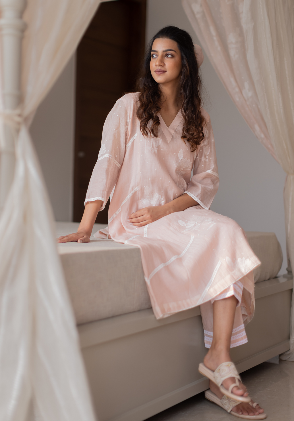 Blush Pink Mul Chanderi Kurta with Pants and Scarf/Dupatta