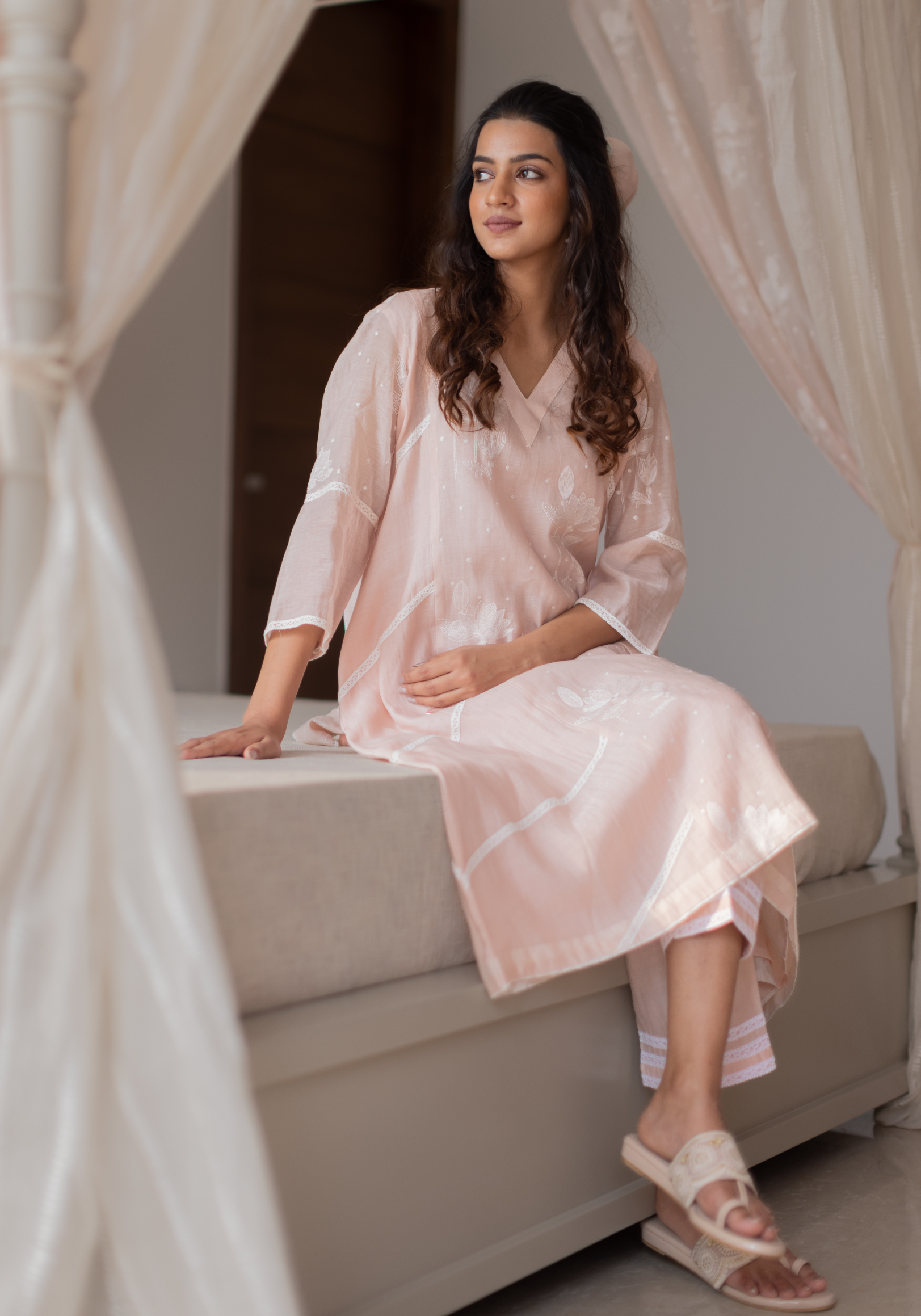 Blush Pink Mul Chanderi Kurta with Pants and Scarf/Dupatta