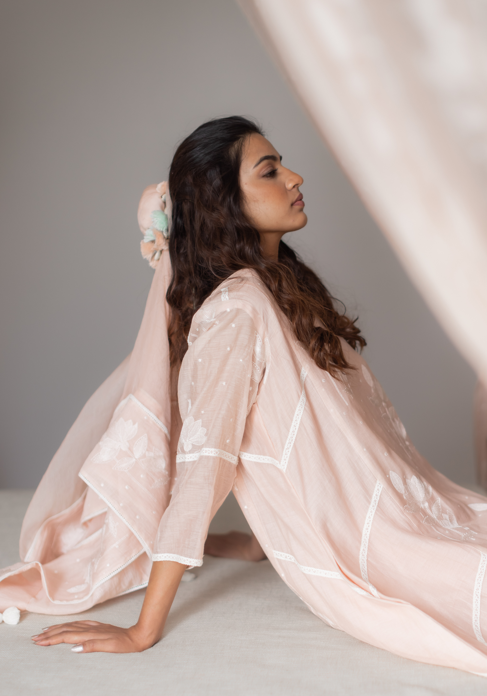 Blush Pink Mul Chanderi Kurta with Pants and Scarf/Dupatta