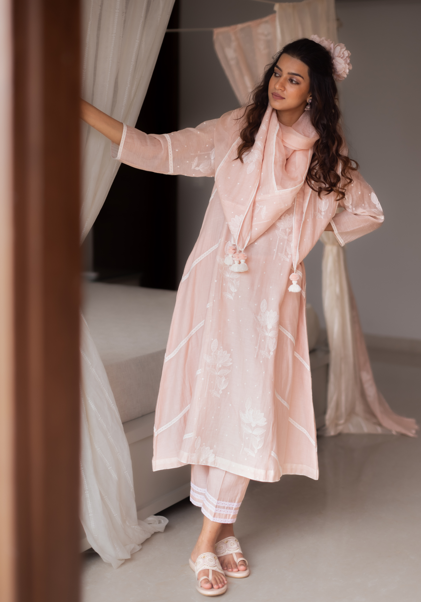 Blush Pink Mul Chanderi Kurta with Pants and Scarf/Dupatta
