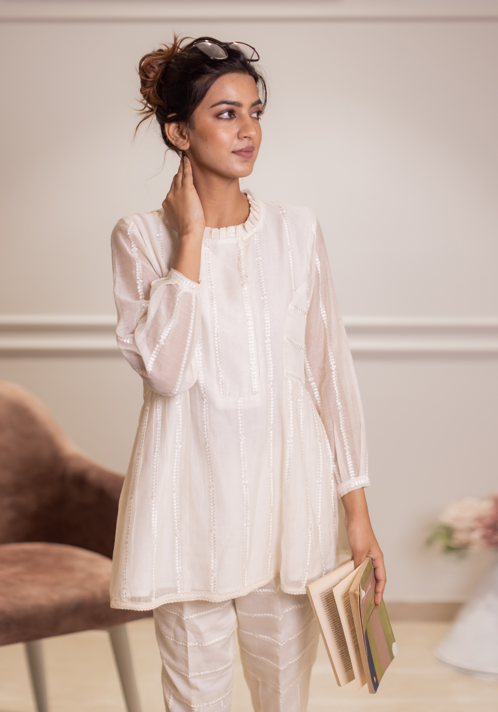 Pearl White Mul Chanderi Petal Embroidered Coord Set