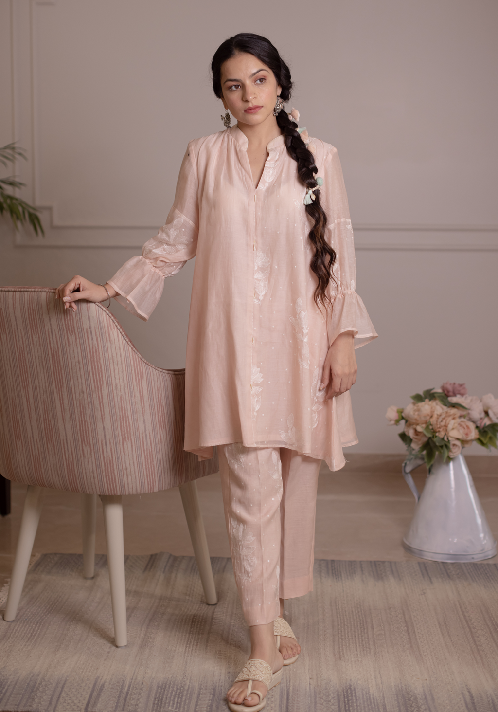 Blush Pink Coord Set with Ruffled Bell Sleeves
