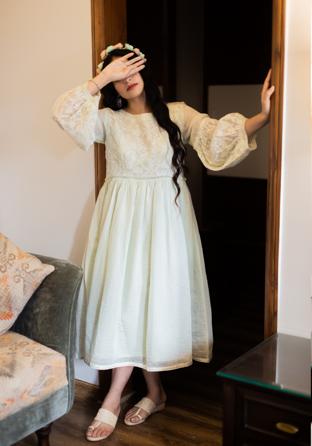 Dew Drops Green Mul Chanderi Dress