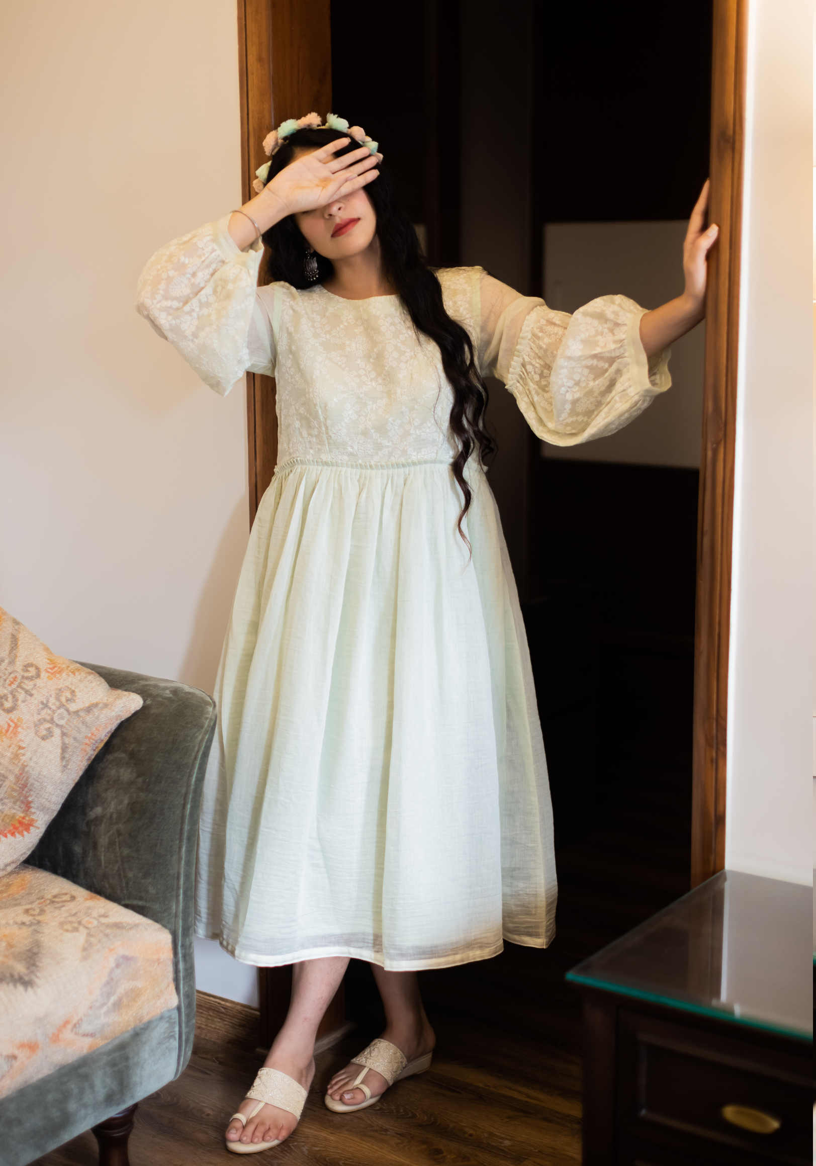 Dew Drops Green Mul Chanderi Dress