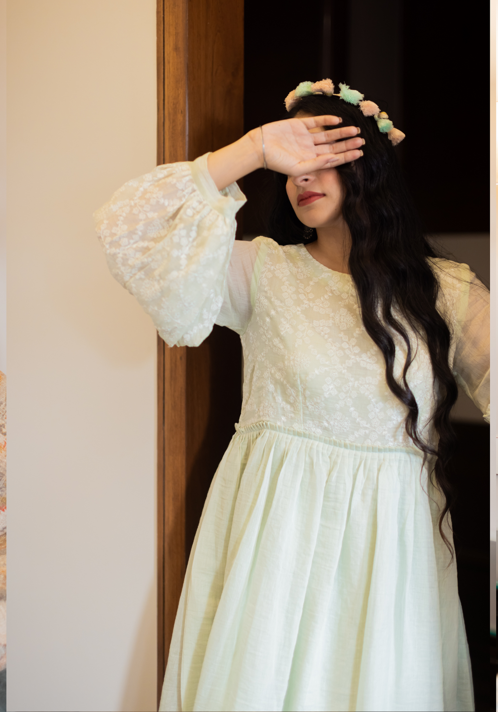 Dew Drops Green Mul Chanderi Dress