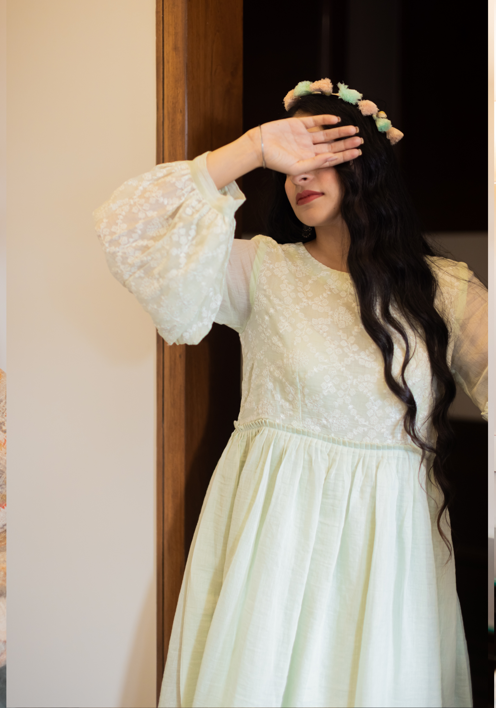 Dew Drops Green Mul Chanderi Dress
