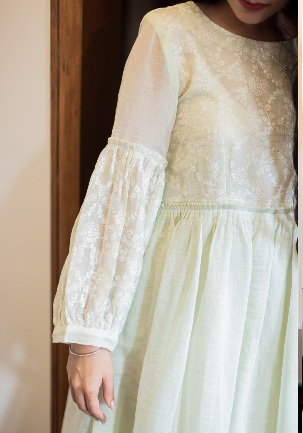 Dew Drops Green Mul Chanderi Dress