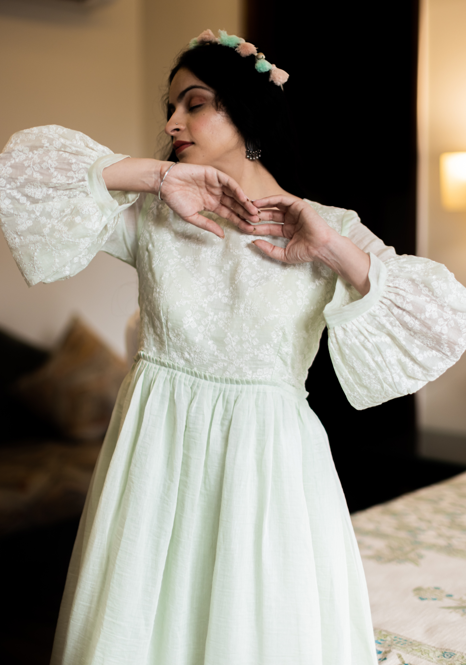 Dew Drops Green Mul Chanderi Dress