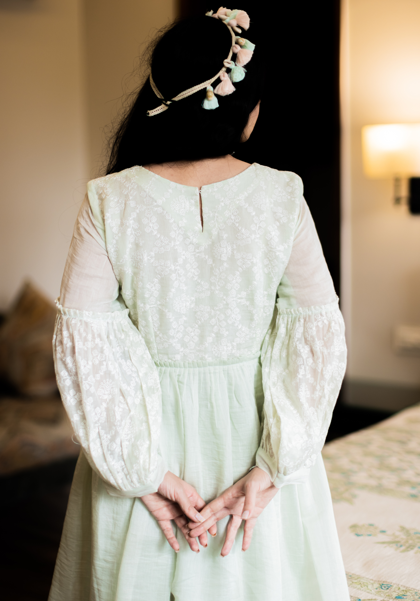 Dew Drops Green Mul Chanderi Dress