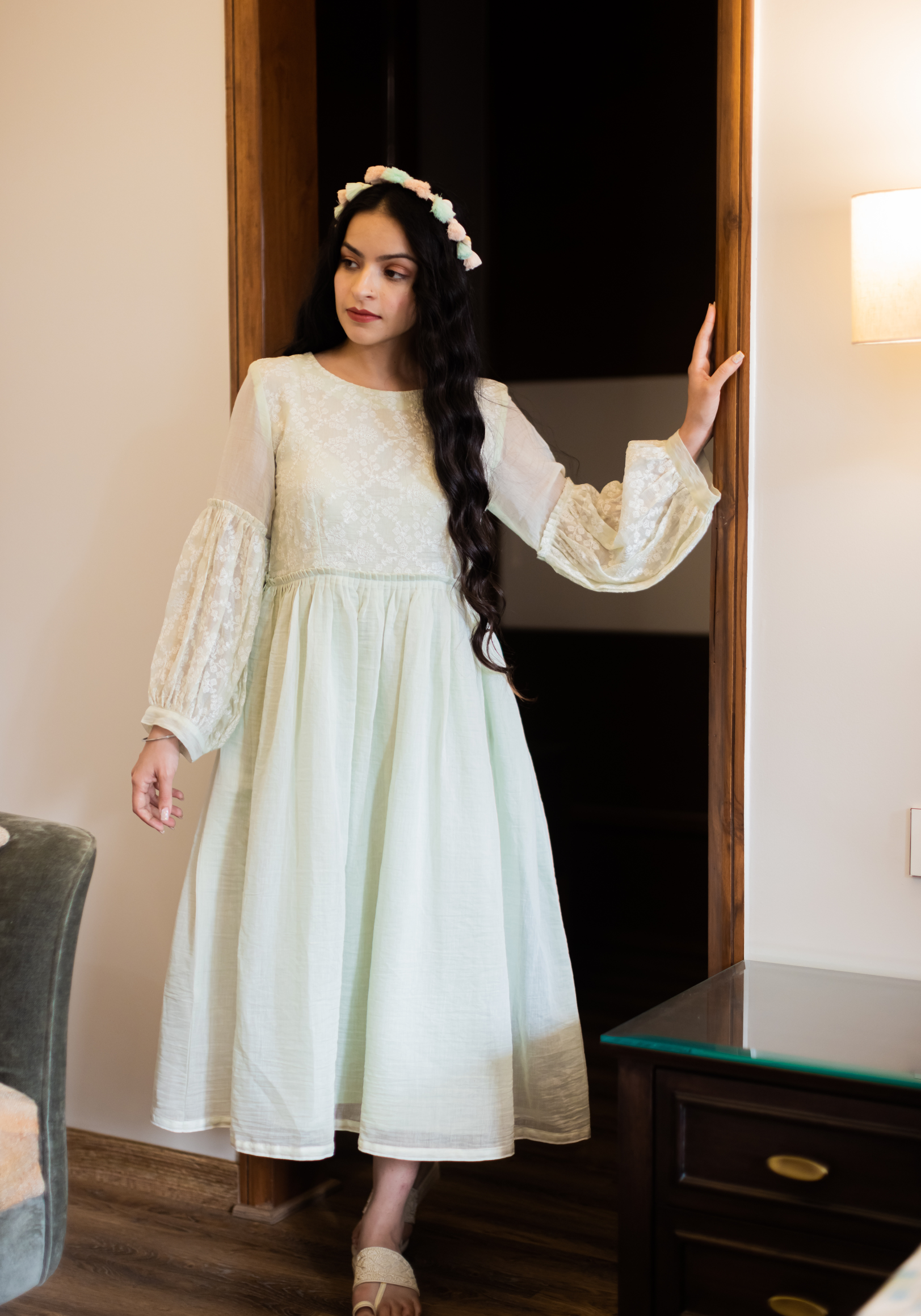 Dew Drops Green Mul Chanderi Dress