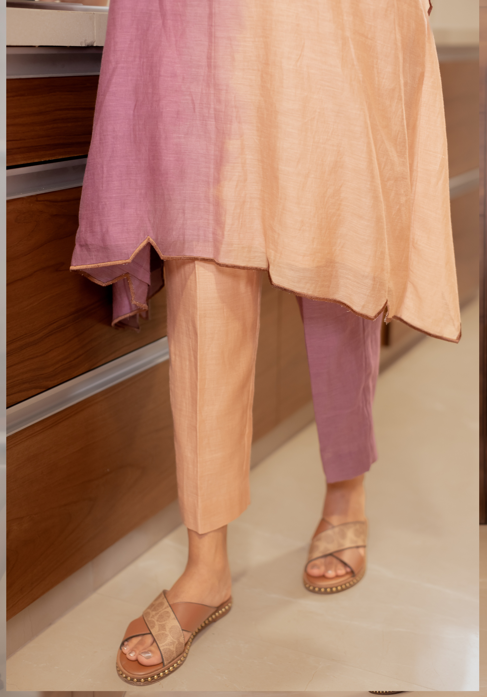 Mul Chanderi Two Tone Tie and Dye Kaftan Coord Set