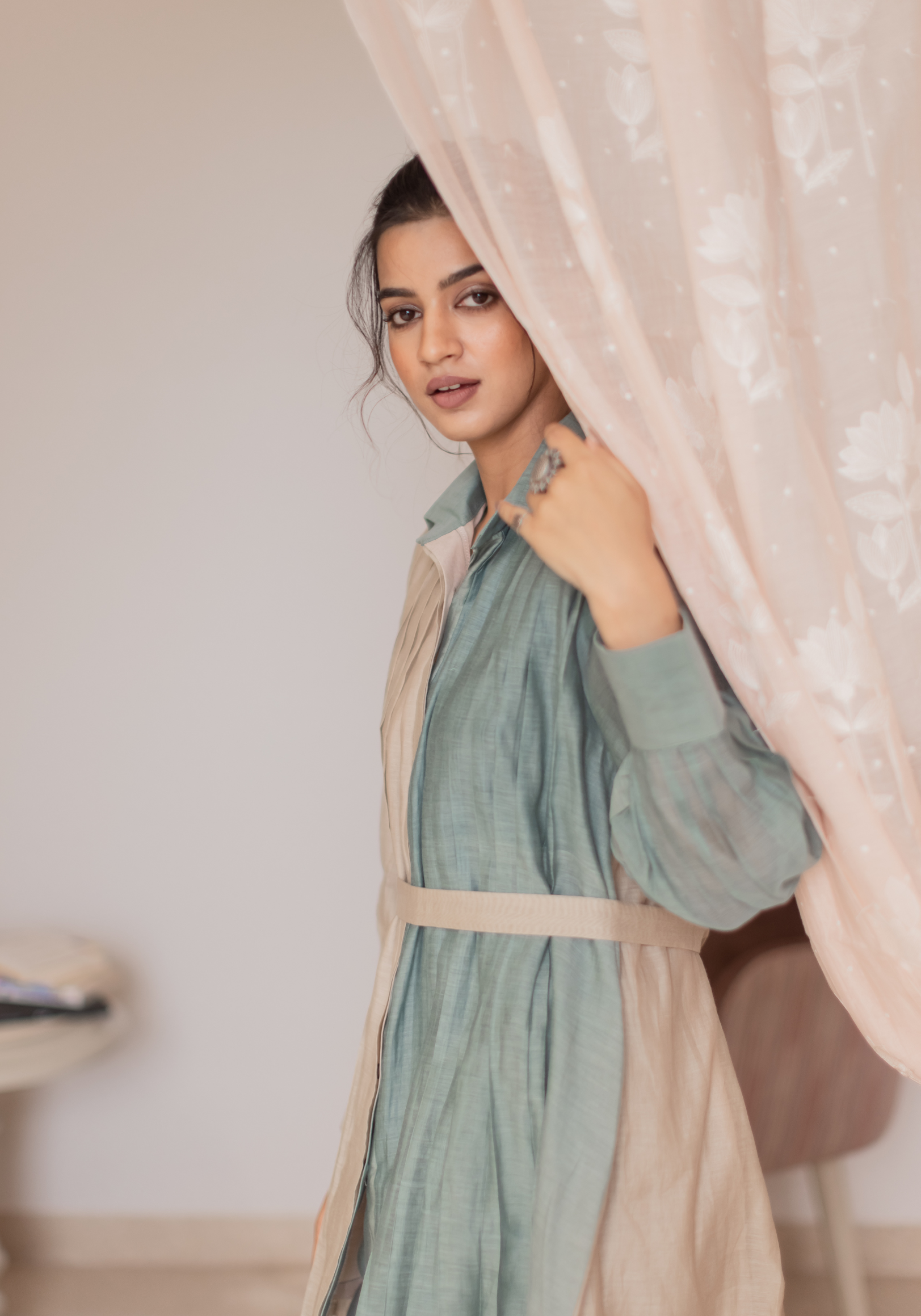 Eggshell Blue and Beige Mul Chanderi Pleated Shirt Tunic with Pants