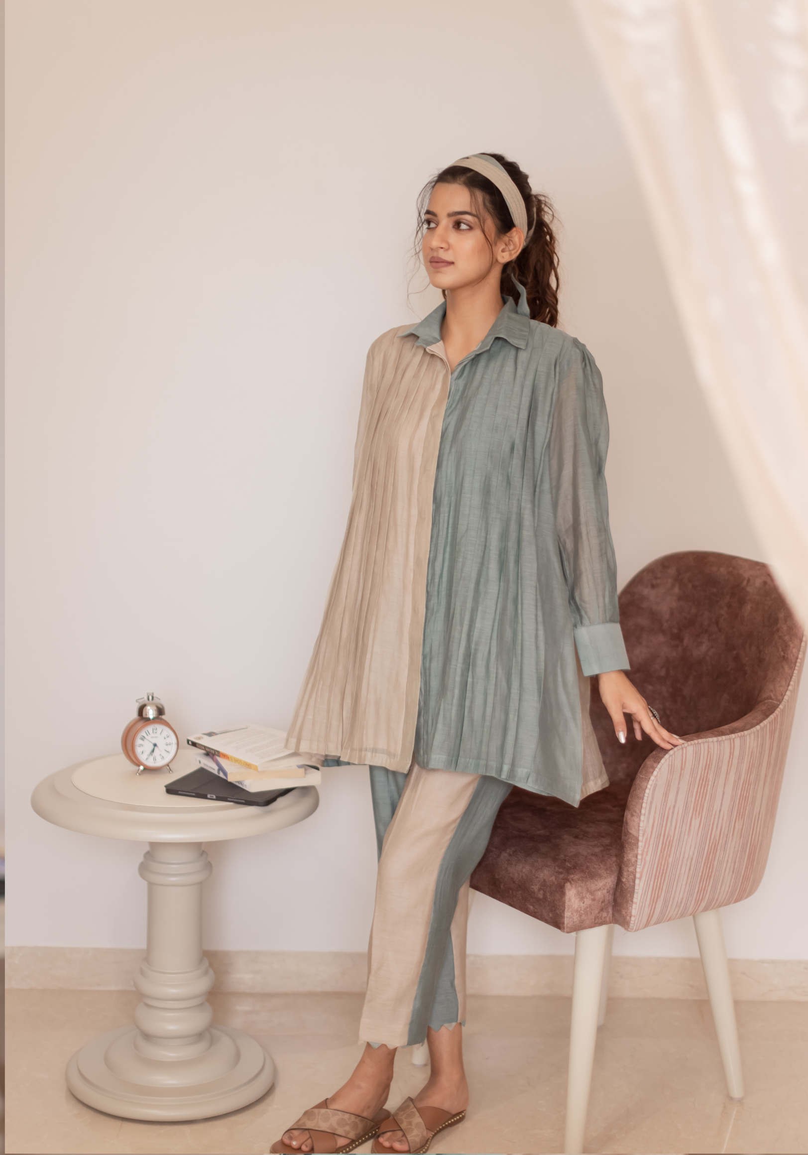 Eggshell Blue and Beige Mul Chanderi Pleated Shirt Tunic with Pants