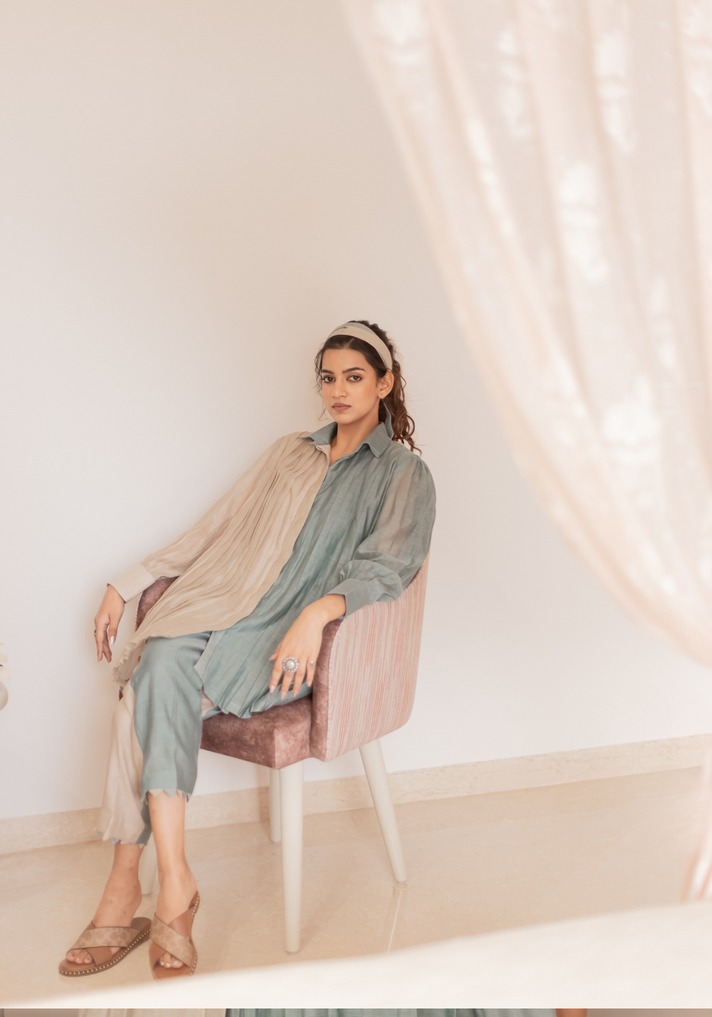 Eggshell Blue and Beige Mul Chanderi Pleated Shirt Tunic with Pants