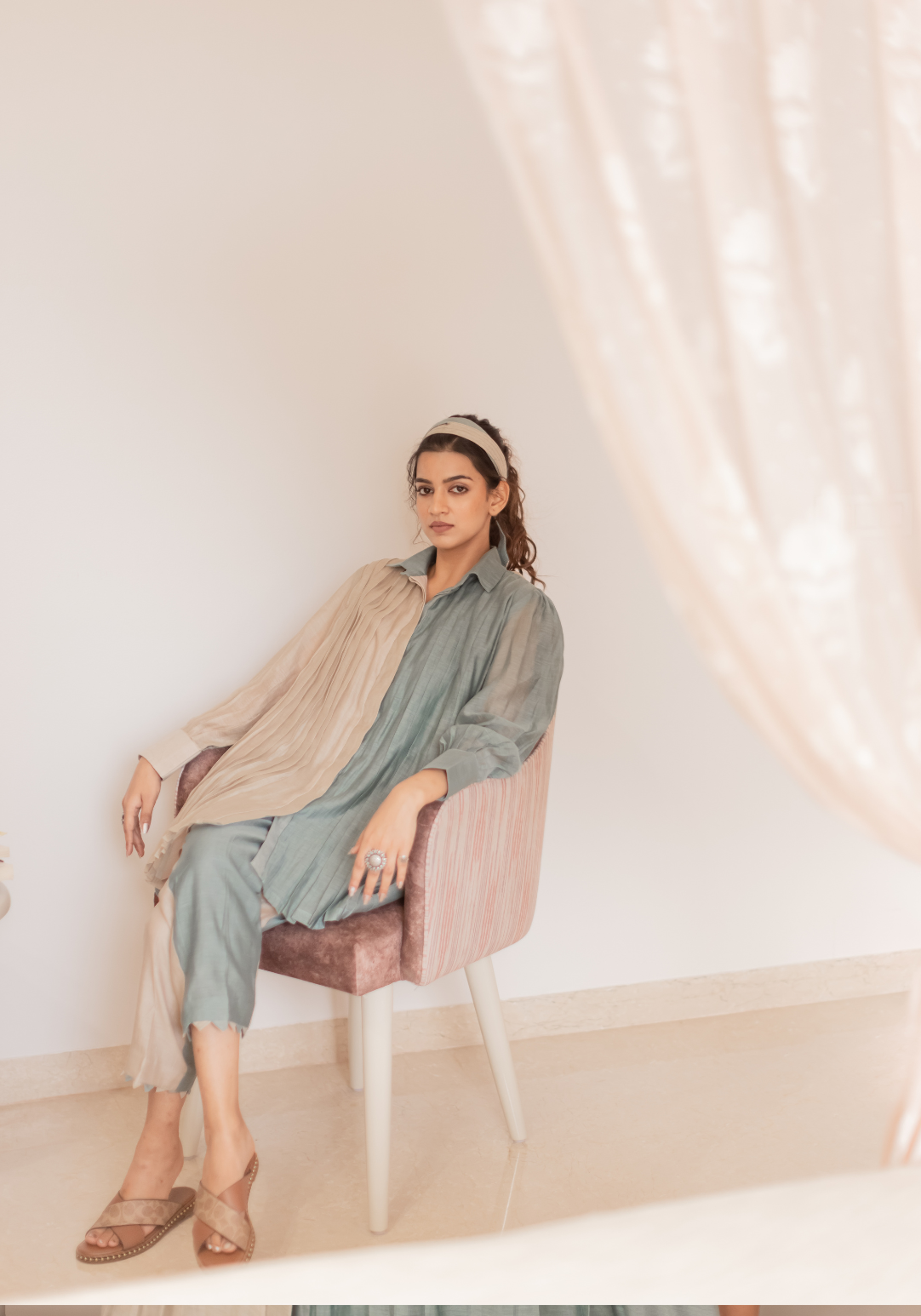 Eggshell Blue and Beige Mul Chanderi Pleated Shirt Tunic with Pants