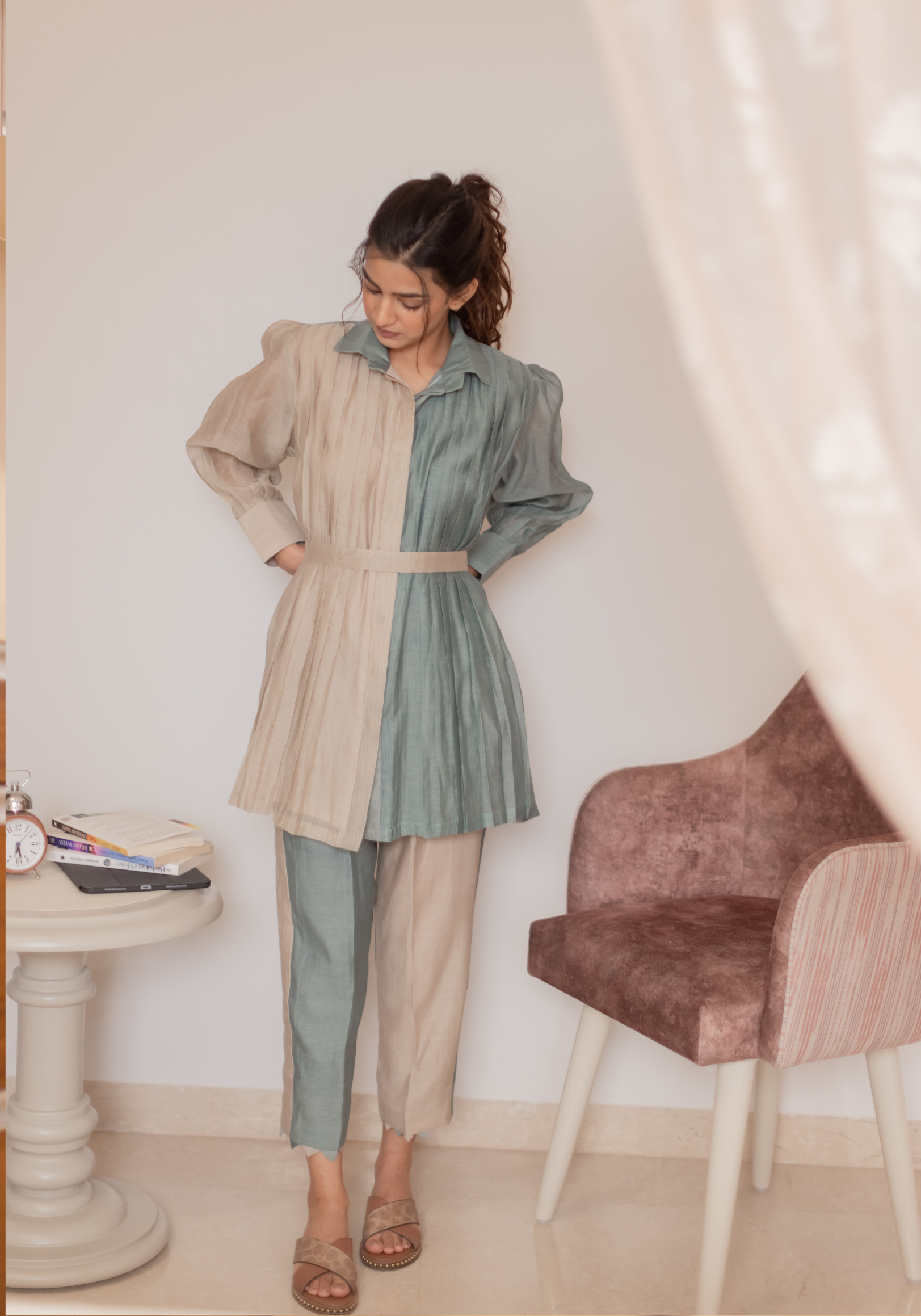 Eggshell Blue and Beige Mul Chanderi Pleated Shirt Tunic with Pants